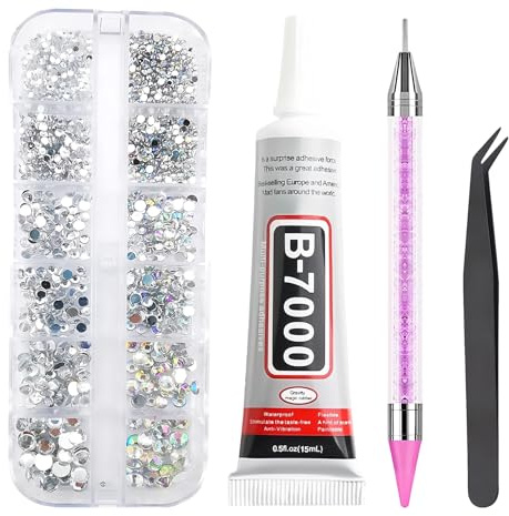 2800pcs Nail Rhinestones, Bedazzling Kit with Glue and Pen, 15ml Glue 6 Sizes Silver AB Gems for Nail Art, Clothing, Tumblers, DIY Crafts