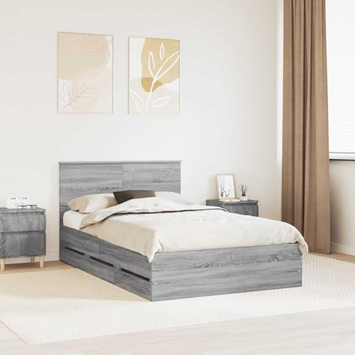 Sommier moderne Gris Sonoma 120x190 cm en bois d'ingénierie, équipé de tiroirs cachés et de lattes solides, offre un soutien stable et un rangement discret dans
