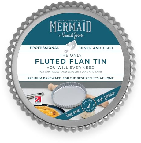 Mermaid 9 Silver Anodised Fluted Flan Tin Loose Base 23 x 2.5 cm – Non Toxic Professional Heavy Duty Aluminium, Naturally Non Stick, Silver Anodised Bakeware - Made in England by Samuel Groves