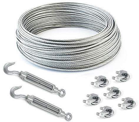 SET 50m câble acier galvanisé 6x19 6mm + 6 serre-câbles étrie et 2 tendeurs a cage crochet-oeil