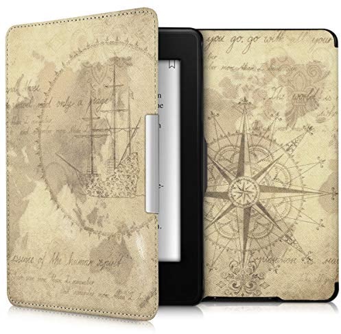 kwmobile Klapphülle kompatibel mit Amazon Kindle Paperwhite Hülle - eReader Case (für Modelle bis 2017) - Travel Vintage Braun Hellbraun