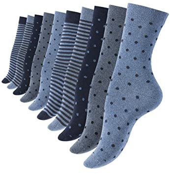 Vincent Creation Lot de 10 paires de dames chaussettes et filles chaussettes Dots and Stripes en coton - parsemaient et rayé (39-42, Bleu)