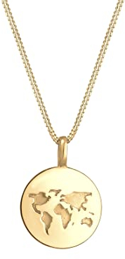 Elli Halskette Damen mit Weltkugel Plättchen Anhänger Wanderlust in 925 Sterling Silber vergoldet 45 cm Länge