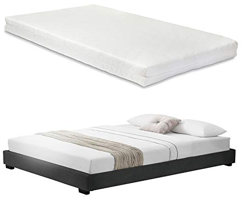 Corium Kunstlederbett mit Kaltschaum-Matratze und Lattenrost 140x200 cm Polsterbett aus Kunstleder mit Matratze Jugendbett Lederimitat in Schwarz