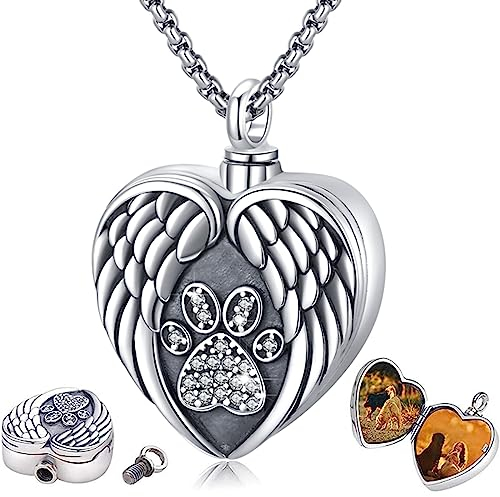 Eusense Urne Kette für Asche, 925 Sterling Silber Urne Anhänger für Hunde Asche, Medaillon Halsketten mit Bildern, Herz Andenken mit Pfote