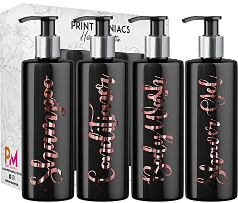 Print Maniacs Bathroom Set Mrs Hinch Inspired Personalised 500ml Pump Bottles Bathroom Storage Accessories Lotion Dispenser Shampoo Conditioner Set White Bottle Rose Gold Pump (Set 6, F2)