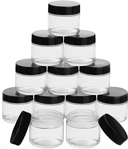 BELLE VOUS Petit Pot en Verre avec Couvercle en Plastique Noir à Visser (Lot de 12) 60 ml - Petit Pot Verre Vide pour Cosmétiques, Voyage, Crèmes, Lotions, Onguents, Maquillage et Huiles Essentielles