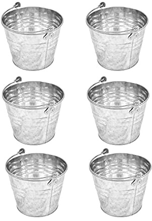 Tradineur - Pack de 6 Cubos de Metal Galvanizados de 5 Litros, 22,1 x 17,9 cm, Con Mango Para Limpieza, Jardinería, Hogar - Balde, Cubeta, Barreño Metalizado