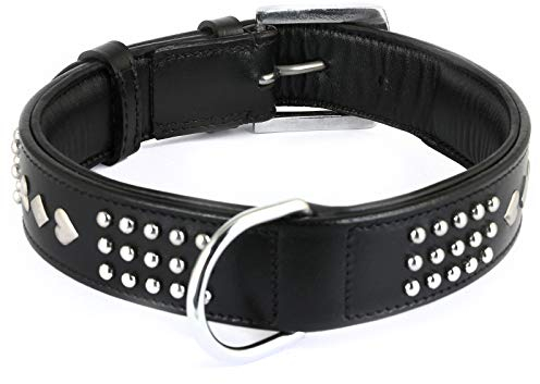 Monkimau Verstellbares Hundehalsband aus Leder für mittelgroße bis große Hunde | Robustes Halsband mit Nieten | Strapazierfähig | Schwarz (M)