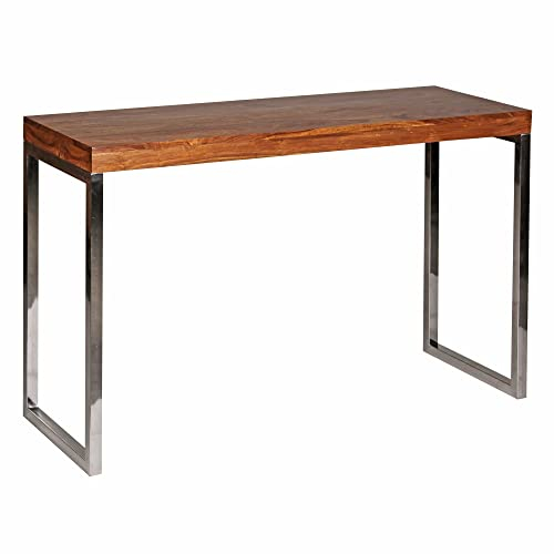 möbelando Konsolentisch Guna Massivholz Sheesham Konsole mit Metallbeinen Schreibtisch 120x45 cm Landhaus-Stil Sideboard Modern Massiv Echt-Holz Natur Anrichte PC-Tisch Sekretär Tisch Flur