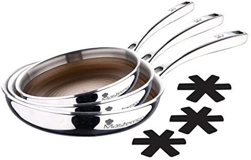 MasterPro GIRO 3 | Juego de 3 Sartenes Antiadherentes de 20, 24 y 28 cm 100% Libres de PFOA con Tecnología ILAG Triple Capa Acero Inoxidable y Aluminio Forjado | Anti Arañazos | Incluye 3 Protectores