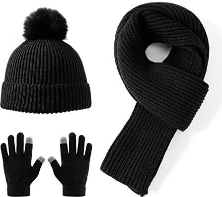 Lallier 3-teiliges Kinder-Set mit Mütze, Schal und Schneehandschuhen, Winter-Strickmütze, warme, weiche Pom-Pom-Mütze für Jungen, Mädchen und Kleinkinder (Schwarz)