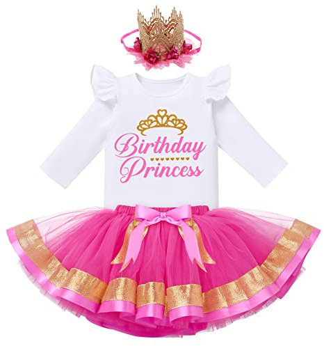 FYMNSI Baby Kinder Mädchen Geburtstag Outfit Baumwolle Langarm Top T-shirt Prinzessin Tutu Tüll Rock Stirnband 3tlg Partykleid Festliches Fotoshooting Herbst Bekleidungsset Rose 3-4 Jahre