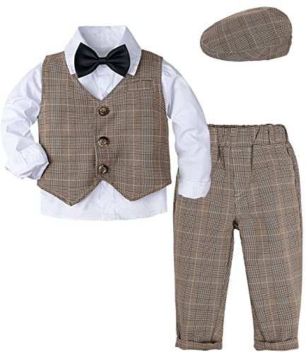 mintgreen Baby Anzug Junge, Hochzeit Taufe Smoking Gentleman Outfits mit Kappe, Khaki Plaid, 3-4 Jahre, 110