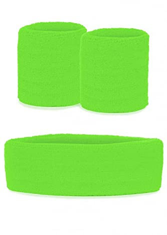 krautwear Damen Mädchen Schweißbänder Stirnband 2 Armbänder Beinstulpen Handschuhe 80er Jahre Set Neon Pink (Schweißbänder Set, grün)