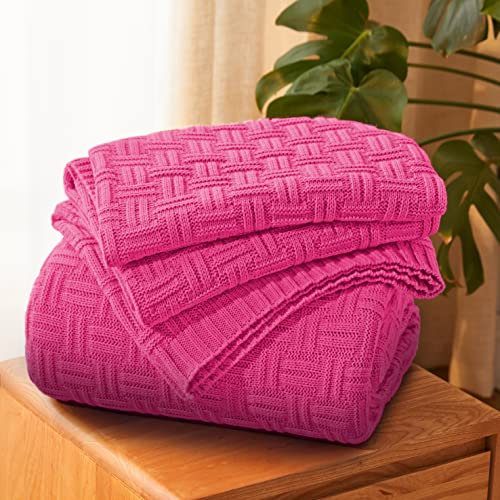 Aormenzy 50x60 Throw Blanket, Soft Cozy Acrylic Throw Blanket, Cable Knit Throw Blanket for Couch Sofa Bed, Hot Pink(1.7lb)