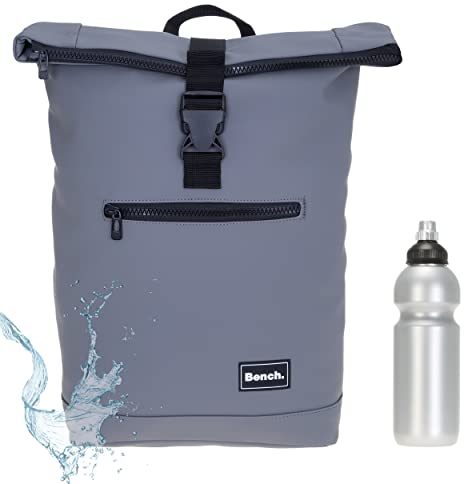 Sieber Rucksack Kurierrucksack Bench Hydro Plane Roll-Top backpack Laptoprucksack A4 wetterfest Damen Herren 64175 + Trinkflasche (Grey 1700)