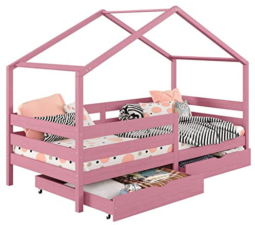 IDIMEX Hausbett ENA aus massiver Kiefer, schönes Montessoribett in 90 x 200 cm, Kinderbett mit Rausfallschutz, stabiles Spielbet mit Dach und 2 Schubladen in rosa