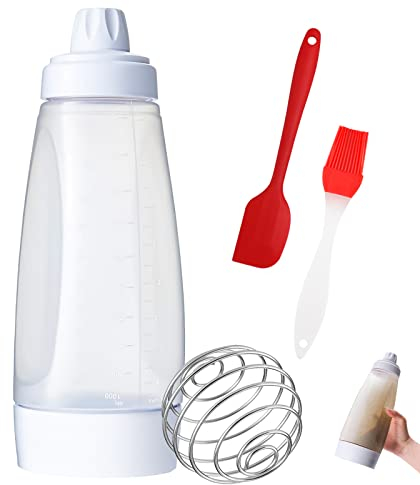 GZhaimai Teigspender Quetschflasche, Teigportionierer Pfannkuchen Mehrzweck mit Messmarken Rührkugel Silikonölpinsel, für Pfannkuchen, CrêPes und Waffeln Uvm