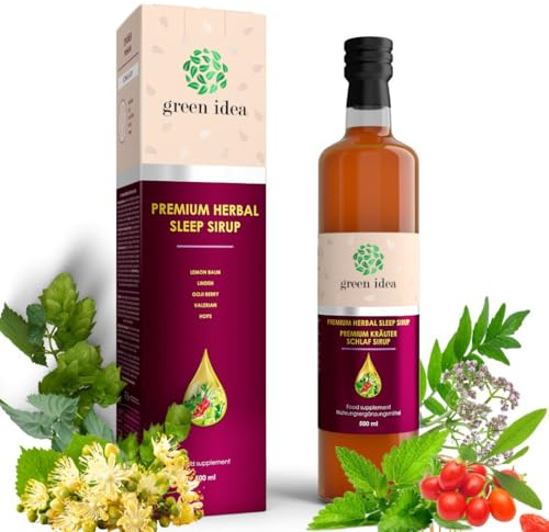 Green idea – SCHLAFMITTEL - KRÄUTER-SIRUP mit Baldrian, Hopfen, Goji Beeren - Einschlafhilfe ohne Alkohol, ohne Melatonin - ohne künstliche Zusätze VEGAN - 500 ml