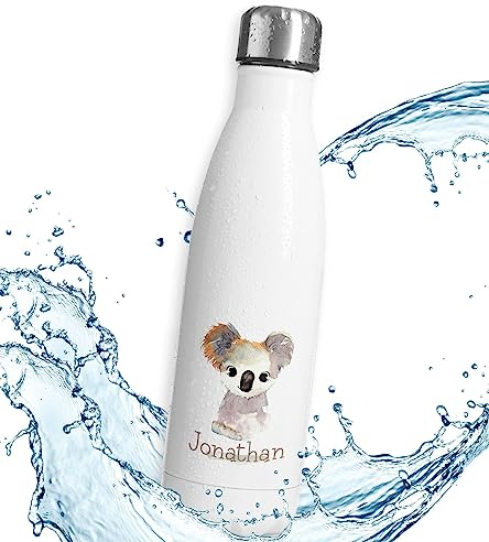 timalo® Thermosflasche Tiere personalisiert mit Namen auslaufsichere Edelstahl Trinkflasche Wasserflasche für Kinder Mädchen Jungen 500mL | Koala
