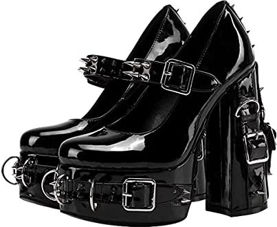 Only maker Damen Mary Jane Pumps Lolita Plateau High Heels Blockabsatz mit Nieten Schnallen Metallingen Lack Schwarz 35 EU