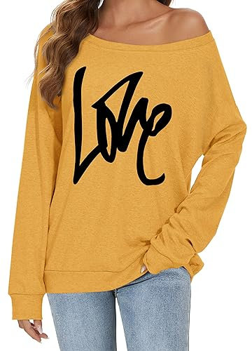 florynova Women's Off Shoulder Tunics Tee Shirt Long Sleeves Pullover Sweatshirt Loose Fit Casual Blouse(Yellow, XL)
