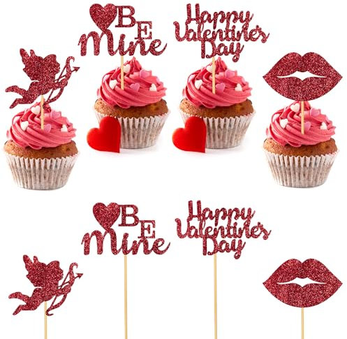 Valentine's Day Cupcake Toppers, 24pcs Red Glitter Happy Valentines Day Cake Topper Love Heart Valentine Cupcake Picks for Valentine's Day Theme Wedding Bridal Party Cake Decorations Supplies