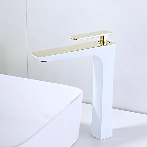ZYCDP Robinet Mitigeur lavabo Salle de Bain Mitigeur Lavabo Blanc et Or Robinet de Salle de Bain Monocommande Mitigeur Lavabo Chaud Et Froid, Haut