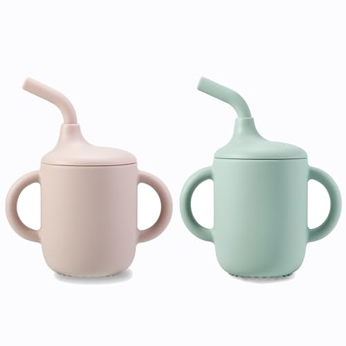 PandaEar Lot de 2 Gobelets d'Entraînement en Silicone 100% pour Bébé et Tout-Petit avec Poignées et Paille - Bleu/Gris (Rose/Vert)