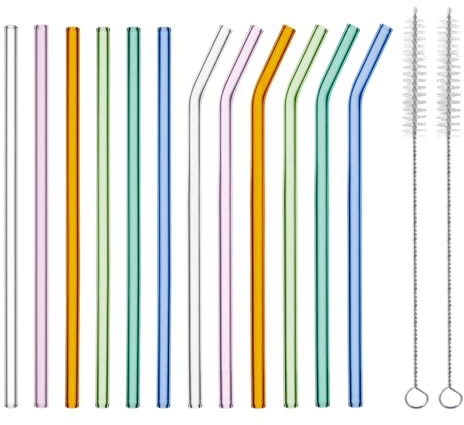 polar-effekt Lot de 12 pailles en verre multicolores avec 2 brosses de nettoyage – Pailles droites et courbées – Pailles en verre lavables au lave-vaisselle – Sans BPA