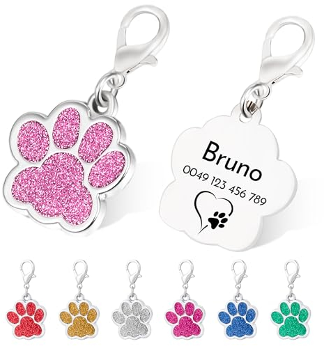 2er Pfotenform Hundemarke mit Gravur Glitzerpfote Plakette Rosa Tiermarke Personalisierte Hundehalsband-Anhänger Adressanhänger für Hunde und Katzen
