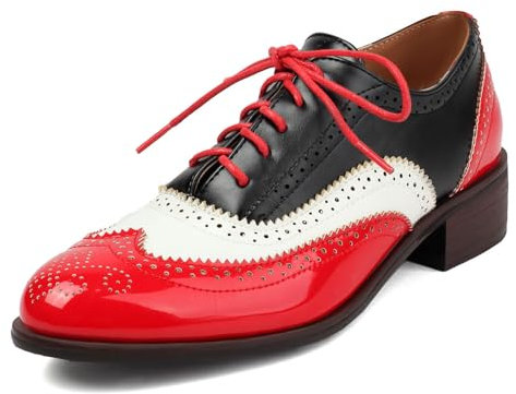 Roimaash Leisure Oxford Zapatos Mujer Two Tone Wingtip Brogue Zapatos Low Heel Cordones British High Top Escuela Costume Zapatos Patent Red Plus Size 39