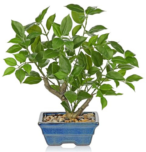 Briful 39CM Kunstpflanze Wie Echt Künstliche Ficus Pflanzen in Blauem Topf Dekopflanze für Fensterbank Wohnzimmer Badezimmer Dekoration