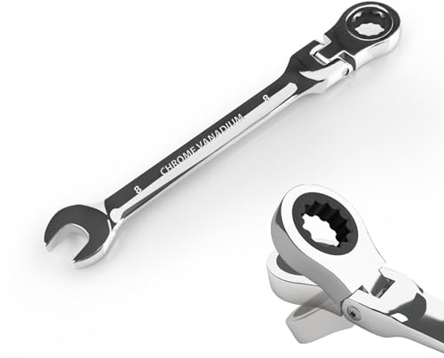 EGOFINE 8mm Adjustable Spanner Flex Head, Ratchet Spanner Metric, Industrial Grade Gear Wrench with 12 Point Box End, 72-Teeth Ratchet, Chrome Vanadium Steel