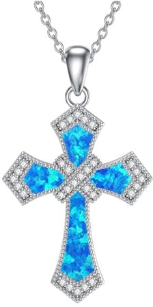 ROMANTICWORK Kreuz Kette Damen 925 Sterling Silber Blauer Opal Kreuz Anhänger Halskette Kreuz Schmuck Geschenke für Frauen Damen
