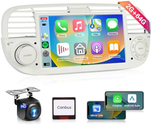 Android 13 Car Stereo for Fiat 500 2007-2015 with Wireless Carplay Android Auto, Podofo 7 inch HD IPS Touch Screen Bluetooth Radio, GPS, Wifi, EQ, FM/RDS, AHD Backup Camera,2G RAM+64G ROM