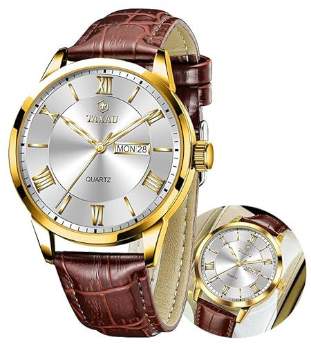 Taxau Uhren Herren Business Freizeit WatchTemperament Herren Armbanduhr Wasserdicht Herrenuhr Mit Datums- Und Tagesanzeige Uhr Braunes Armband Weißes Zifferblatt Watches for Men