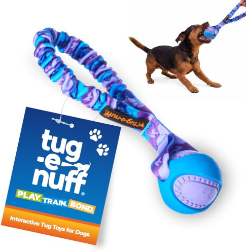 Tug-E-Nuff Pocket PowerBall Bungee Dog Tug Toy (Purple Pattern), 23cm | Compact Fetch & Tug of War Tough Rope Toys with Rubber Dog Ball, Strong Interactive for Training Small, Medium, Large Dogs