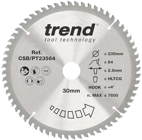 Trend Laminate & HPL Circular Saw Blade, 235mm Diameter, 30mm Bore, 64 Teeth, 2.8mm Kerf, +4° Hook, TCT, SuperFine Finish, CSB/PT23564