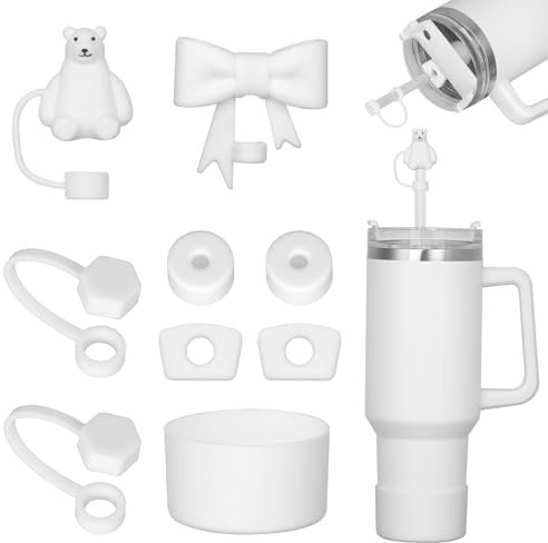 FOSFUKEER Stanley Cup-Zubehörset, enthält 6 auslaufsichere Silikonstopfen,2 Stück Strohdeckel, 1 Silikonhülle für Stanley Cup 1,2 l- und 850 ml-Becher,Cups nicht enthalten (Frost)