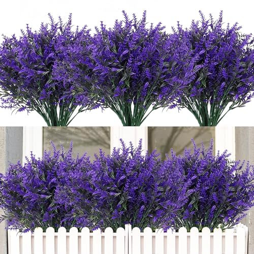 HNVNER 16 Bundles Outdoor Artificial Lavender Flowers Uv Resistant Fake Flowers Faux Plastic Plants Indoor or Outside Hanging Planter Home Garden Decoration(Purple)