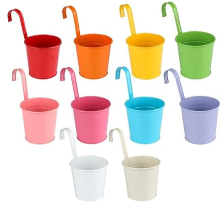 Macetas Colgantes Exterior - Macetas Colgantes 10 Piezas – Macetas Balcón de Metal con Gancho Extraíble y Drenaje, Jardineras Colgantes para Jardín, Terraza, Valla, Ventana (10 Colores)