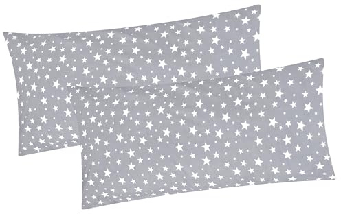 Renforcé Kissenbezug - 2er Set in 40x80cm - Sterne (EW/Sterne-Grau-40x80) | Sterne in groß und klein, grau, weiß - Kopfkissen-Bezug, Kissenhülle, Dekokissenbezug aus 100% Baumwolle, Kinder