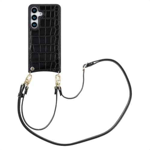 SELENCIA Nova Croco Backcover met Koord en pashouder - Geeignet für Samsung Galaxy S25 - Schwarz