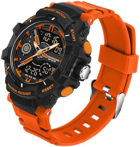 findtime Uhren für Herren Jungen Kinder, Analog Digital Quarz Orange Armbanduhr mit Alarm/Stoppuhr/Zwei Zeitzonen/LED 5 ATM Wasserdicht Sportuhren für Männer