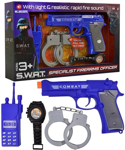 Police Playset for Kids Specialist Firearms Officer Costume Role Play Set with Toy Gun Rapid Fire Sounds Light Effect Walkie-Talkie Wristwatch Handcuffs Imaginative Toys - Electoys