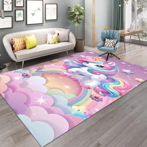 Magisch Fantasy Einhorn Rosa Teppich für Mädchen Zimmer, Regenbogen Blumen Einhorn Bereich Teppich für Kinderzimmer, Kindergarten, Fußmatte Nachttischmatte, Weich Rutschfest, 160x230 cm, Color 3
