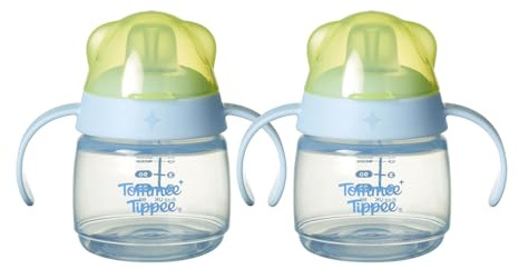 Tommee Tippee Transition Baby Sippy Cup with Spout, Ages 4 Months and Up, 5 oz, Leak-Proof Silicone Spout, Easy Grip Handles, Blue, Pack of 2