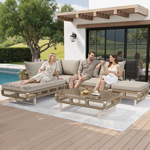 Merax Garden Furniture Set, Modular Outdoor Sofa Set with Rope Woven Design, Patio Conversation Set with Tempered Glass Coffee Table, Garden Lounge Furniture for Patio Balcony Poolside